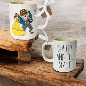 NWT Rae Dunn Disney BEAUTY & the Beast White Yellow double side raised paint Mug